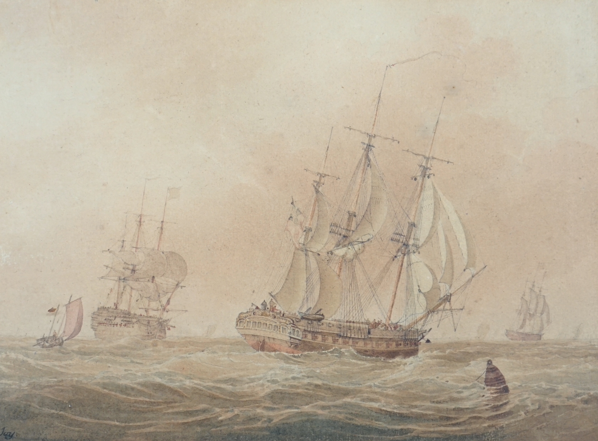 John Cantiloe Joy (1806-1866), watercolour, Shipping at sea, signed, 21 x 29cm